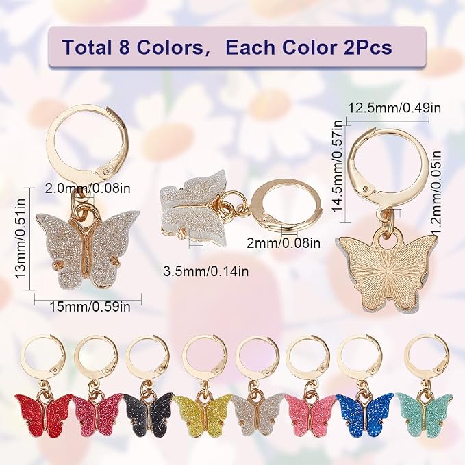 SUNNYCLUE 1 Box 16Pcs 8 Colors Knitting Crochet Markers Knitting Markers Charms Spring Butterfly Crochet Leverback Charms for Weaving Sewing Needleworks Women Adults DIY Supplies