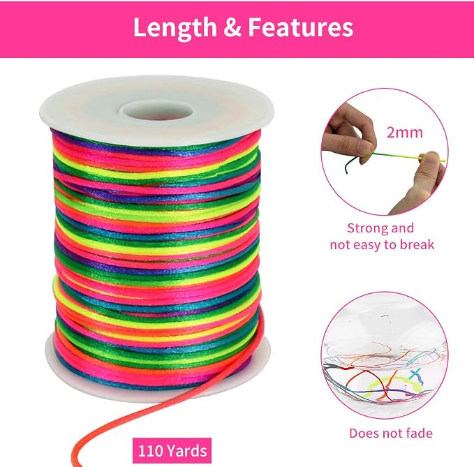 TONIFUL Nylon String Satin Cord for Necklace Bracelet Beading 2mm Rainbow | 110yd Non elastic durable non fading, for Jewelry Making Thread Rattail Macrame Trim Kumihimo Chinese Knot Craft Tags Hanging