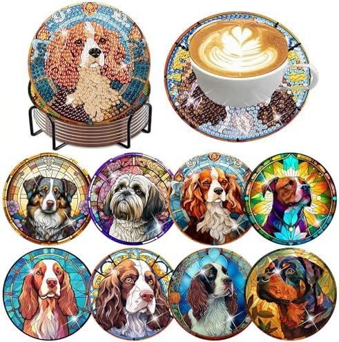 ijbnhd 8 PCS Dog Diamond Art Coasters Kit Diamond Painting Coasters