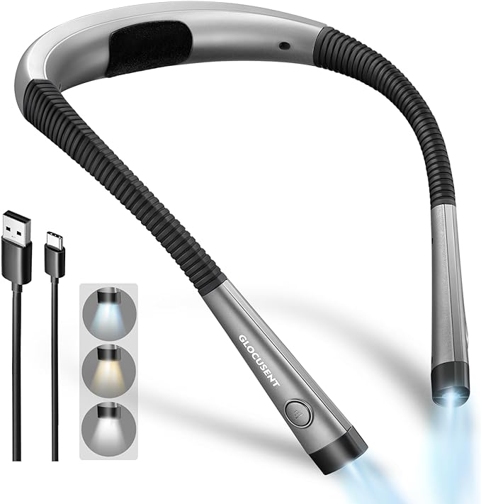 Glocusent Reading Light,Bendable Neck Light,80-hr Rechargeable Book Light | 3-Color&6-Brightness, USB-C,Hands free LED Neck Reading Light,Women, Knitting, Repairing,Crafting, Wearable,Book Lovers Gifts