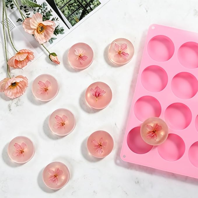 SJ Round Soap Mold Set, 2-Pack 12-Cavity Silicone Soap Molds | For Soap Making, Bath Bombs, Shower Steamers, Lotion Bars & Loofah Soap, Food Grade Silicone, Easy Release, Reusable