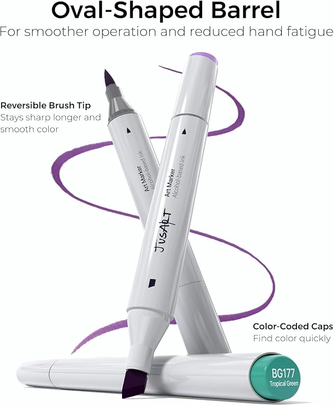 JusArt 48 Colors Alcohol Markers, Dual Tip Brush and Chisel