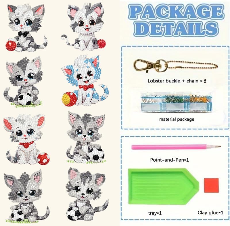 Masendp 8 Pieces Diamond Painting Keychain Animal Style Diamond Art Jewelry Double Sided 5D Diamond Painting Kit for Beginners Adult DIY Art Craft Gifts Home Decor (Football & Cat)