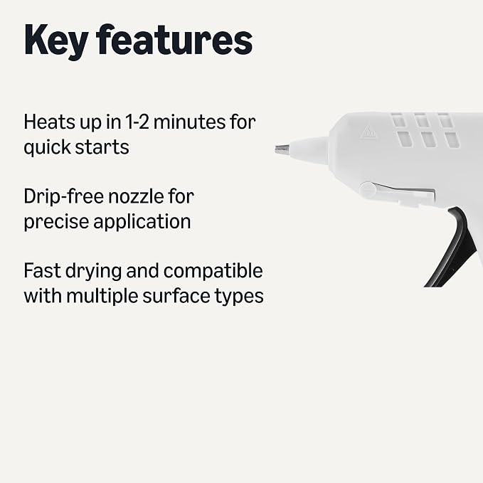 Amazon Basics Hot Glue Gun Kit with 30 Glue Sticks, High Temp for School Crafts, DIY Arts and Quick Home Repairs, Drip-Free Nozzle, Fast Drying, 20W, White
