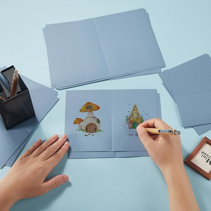 50 Pack Blank Folded Cardstock Cards, Dusty Blue, 5x7