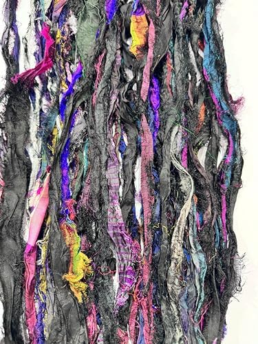 Maker's Craft Recycled Fuzzy Fringes Sari Silk Ribbon Yarn 35yards, 100Grams for DIY Knitting Crocheting Gift Wrapping, Christmas Decoration, Macrame Makers, Jewelry Making, Rugs Hooking (Black)