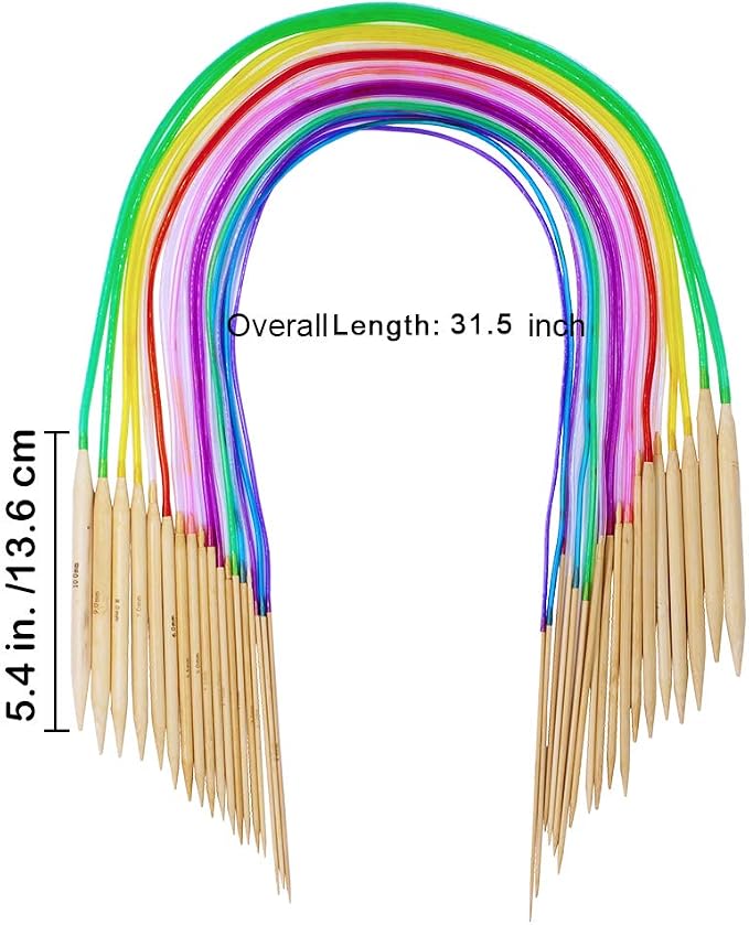 Exquiss Bamboo Knitting Needles Set, 18 Pairs Circular(31.5”) Wooden Knitting Needles with Colored Plastic Tube, 36PCS Single Pointed Bamboo Knitting Needle(9.5”), Include Knitting Tools for Weaving