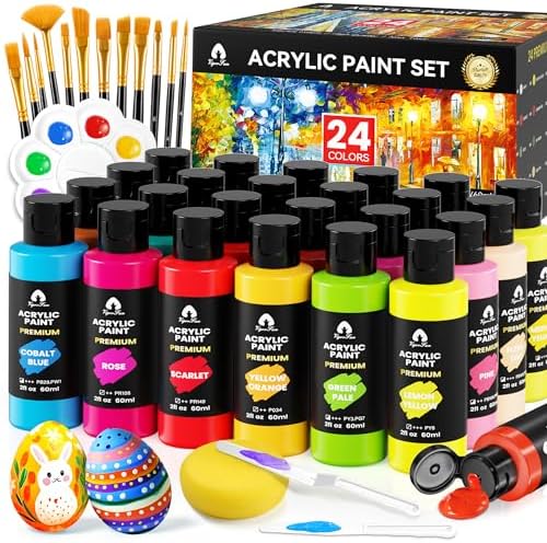 40 Pcs Acrylic Paint Set - 24 Colors (2oz/60ml) with 12 Brushes, 2 Knives & Palette - Rich Pigments for Adult, Artists & Beginners - Painting on Halloween Pumpkin Canvas Ceramic Rock Wood