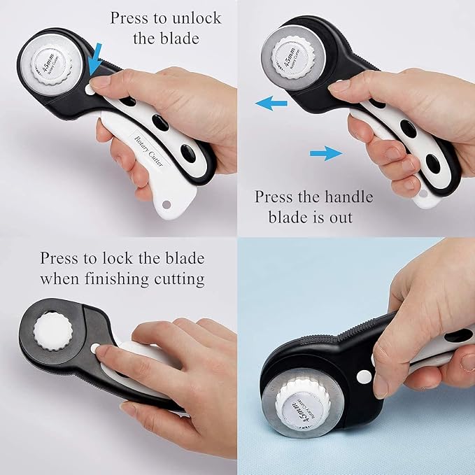 45mm Rotary Cutter with 7pcs Replacement Blades, Ergonomic Handle Rolling Cutter with Safety Lock for Fabric, Leather, paper, Crafting, sewing, Quilting, Perfect for Left & Right Hand(Black)