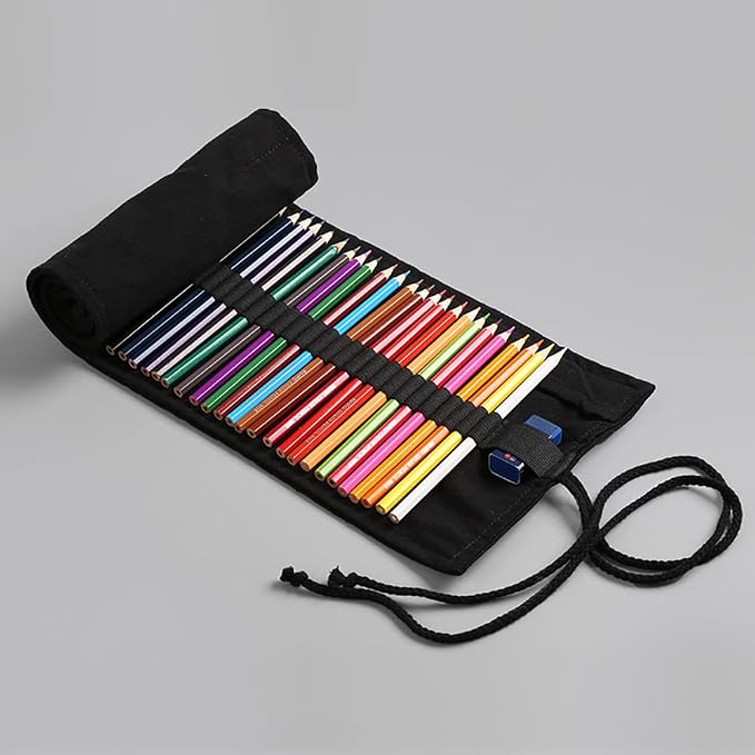 DIYOMR 24/36/72 Slots Pencil Wrap Pencil Rolls, Artist Colored Pencils Roll Up Bag Short Brushes Pouch Case Pencils Organizer for Drawing Coloring and Sketching,No Pencils (Black, 36slots)