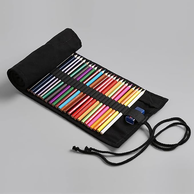 DIYOMR 24/36/72 Slots Pencil Wrap Pencil Rolls, Artist Colored Pencils Roll Up Bag Short Brushes Pouch Case Pencils Organizer for Drawing Coloring and Sketching,No Pencils (Black, 72slots)