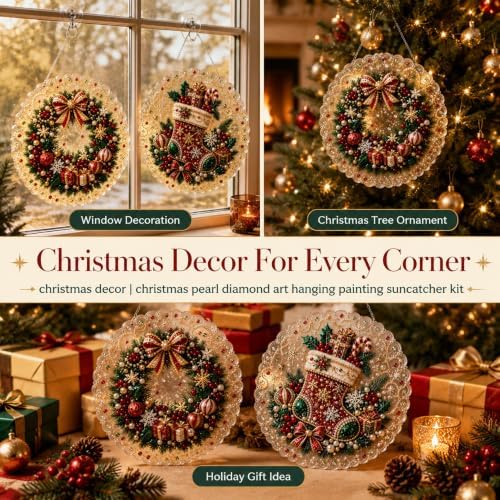 Cheerdox Christmas Pearl Diamond Arts Suncatcher DIY Kit, 5D Diamond Pearl Art Painting Acrylic Round Board with Lace Edge, Christmas Diamond Art Beads Craft Kit for Holiday (Style E)