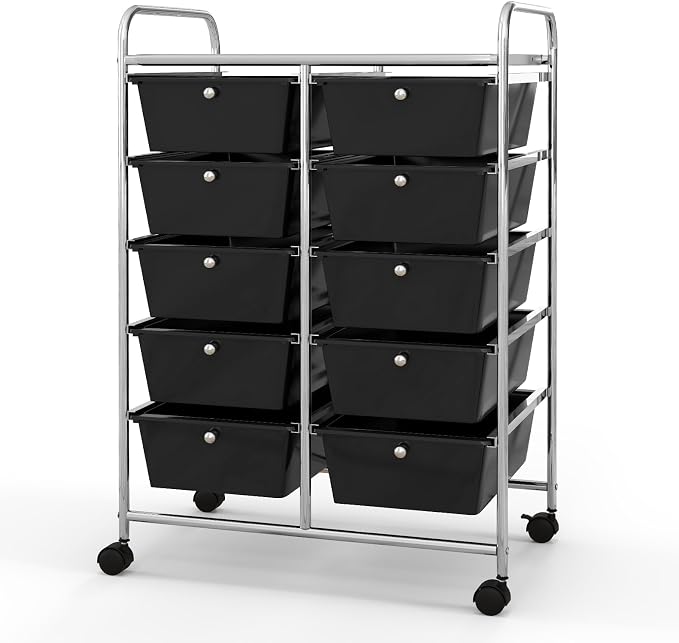 Giantex 10 Drawers Rolling Cart, Classroom Organizers, Storage Cart with Wheels, for Teacher Office Home School Supplies Tool Craft Art Paper, Black