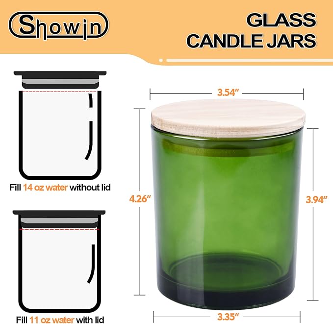 SHOWIN 14 OZ Thick Candle Jars for Making Candles 12 Pcs, 3 Wick Empty Jars with Wood Lids for Candle Making, Sample Container,Clear Green