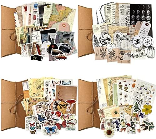 120 Pcs Vintage Aesthetic Scrapbook Kit Junk Journaling Supply with Retro Stamp Stickers,material Paper, Tag Card,hand Account Collage Card,pillow Box,twine Diary Supply Birthday Gift(Artsy Style)