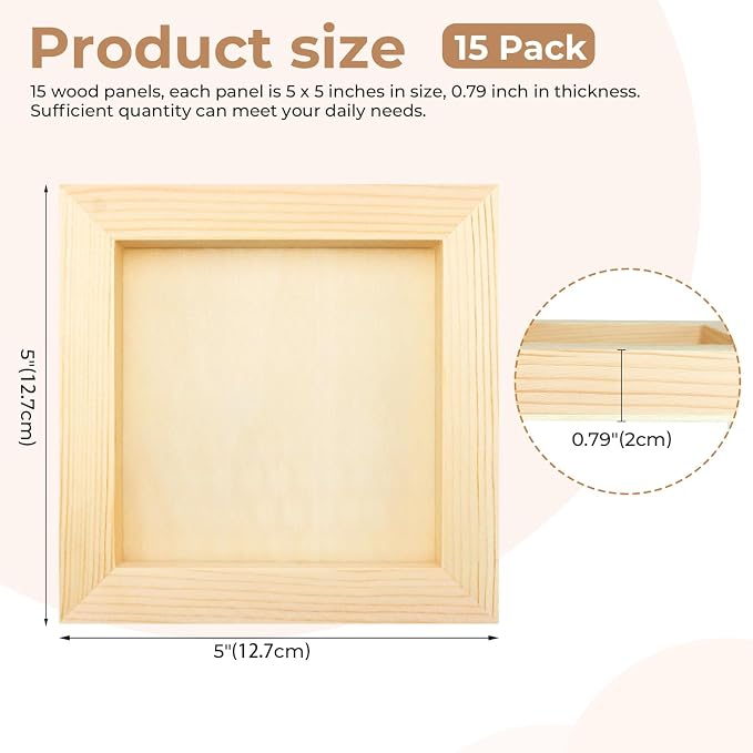 FSWCCK 15 Pack 5 x 5 inch Wood Panel Boards, Unfinished Wood Canvas Panels for Crafts, Painting Canvas, DIY Art Projects, Pouring, Arts Use with Oils, Acrylics