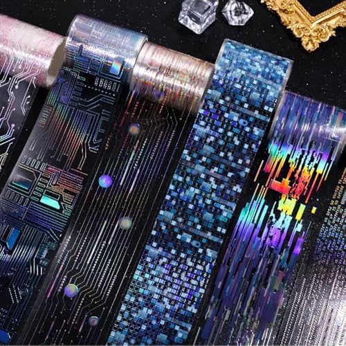 6Rolls Vintage Punk Circuit PET Tape Junk Journal Scrapbook Supplies Laser Circuits PET Washi Tape Stickers for Scrapbooking Wave Chip Decorative Collage Materials Stickers for Journaling Supplies
