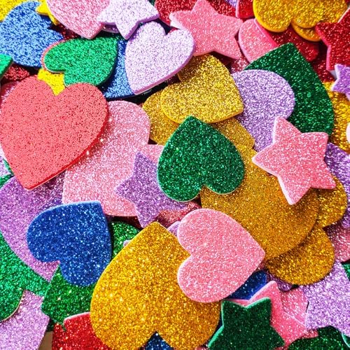 280 Pcs Glitter Foam Stickers Colorful Foam Stars and Hearts Self-Adhesive Stickers for DIY Scrapbooks Greeting Cards Arts Craft Supplies Christmas Birthday Holiday Party Decor