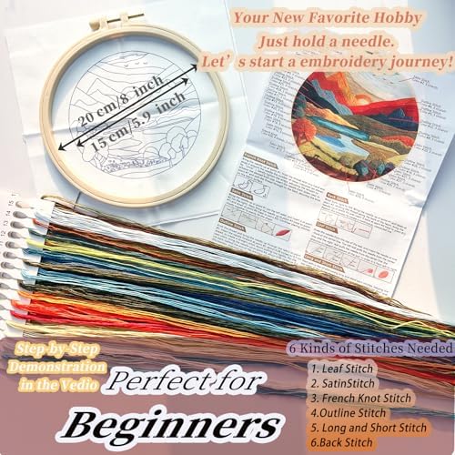 FONNUY Embroidery Kit for Beginners, Brightly Colored Landscape Lake Pre-Stamped Pattern Kits for Adults with Hoop, Easy to Follow Color Thread Needlework, 8'' Hoop (Darkblue)