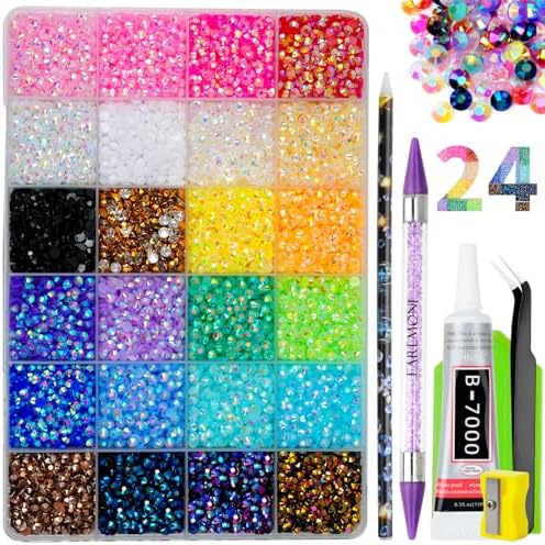 30000Pcs Resin Jelly Rhinestones for Bedazzling, EARLMONI Flatback Gems Bedazzler Kit with 15ml B7000 Jewelry Glue Rhinestones Picker Tool (4mm 24 Colors)