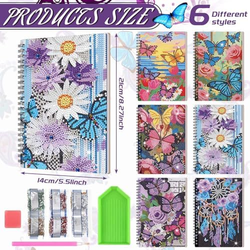 Fullhawl 6 Pack 5D DIY Diamond Art Crafts Kit for Adults Office Supplies Beginner A5 Leather Diamond Painting Gift for Women Art Cover Craft Accessories with Tool (Butterfly Floral)