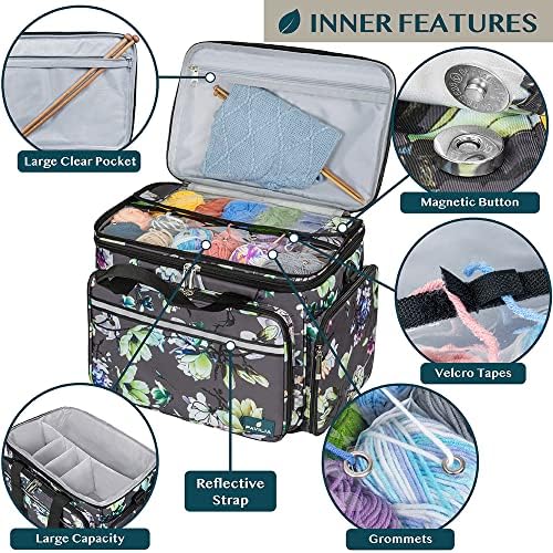 PAVILIA Knitting Yarn Storage Bag Crochet Knitter Organizer, Floral Grey