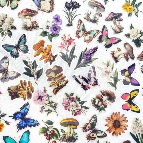 50 PCS Vintage Nature Mushroom Butterfly Flower Stickers – Clear Cottagecore Aesthetic Botanical Scrapbook Stickers for Journaling, Laptop, Water Bottle, Art Crafting
