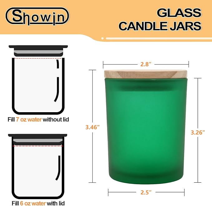 SHOWIN Thick Candle Jars for Making Candles 12 Pcs, 7 OZ Empty Jars with Wood Lids for Candle Making, Sample Container, Frosted Green