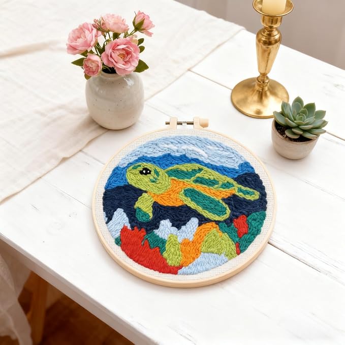 DIY Punch Needle Kits Green Sea Turtle with Hoop 20x20cm-5 | with Pattern Stamped Easy for Beginners Embroidery Punch Needle Starter Craft Set for Adults Festival Gift and Decoration