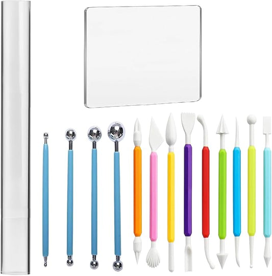 Basic Polymer Clay Tools, Clay Sculpting Tools Acrylic Roller Pin, Clear Rectangle Sheet Press Board, Double-Ended Pottery Carving Set for Beginner (15)