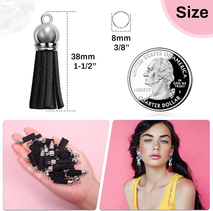 Keychain Tassels Bulk, Paxcoo Small Tassels for Jewelry Making, 50pcs Leather Tassel Keychain Charms with 50pcs Jump Rings for DIY Key Chain Craft, Black