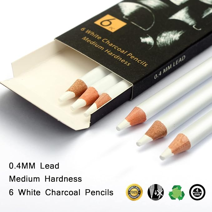 Brusarth White Charcoal Pencils Drawing Set, Professional 6-Piece Sketch, Highlight, Shading, Blending Set for Beginners & Artists