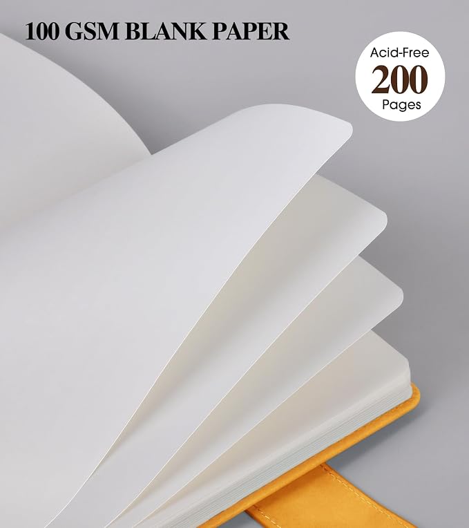 PAIBAS Blank Journal Notebook, A5 Hardcover Leather Sketchbook with 200 Pages Thick Blank Paper for Men Women, Unlined Drawing & Writing Journal, 5.9" x 8.4" Plain Notebook (yellow)