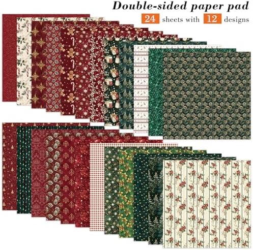 6-in Christmas Scrapbook Paper Pad, 24 Sheets Double Sided Red Green Pattern Decorative Decoupage for Junk Journals DIY Cards Making Folded Materials Photo Album Gift Wrapping Crafts