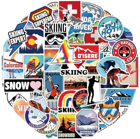 50Pcs Winter Skiing Stickers,Cartoon Skiing Stickers Colorful Vinyl Waterproof Decals for Water Bottle Laptop Luggage Helmet Skateboard Snowboard Guitar Scrapbook Phone Gifts