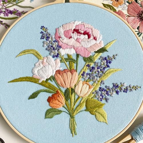 Myfelicity Embroidery Kit, 4 Flower Pattern Embroidery Set with 4 Patterns and 2 Hoops, Adult and Beginner Needlepoint Kit with Embroidery Floss, Needles, Cotton Fabric and Instructions…