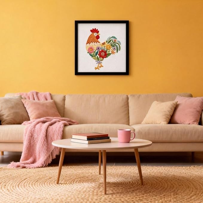Herdiese Embroidery Kit for Beginners & Adults, Rooster Flower Cross Stitch | Stamped Cross Stitch Kit Including Fabric, Hoop, Threads, Needles & Instructions, Complete DIY Hand Sewing Craft Set