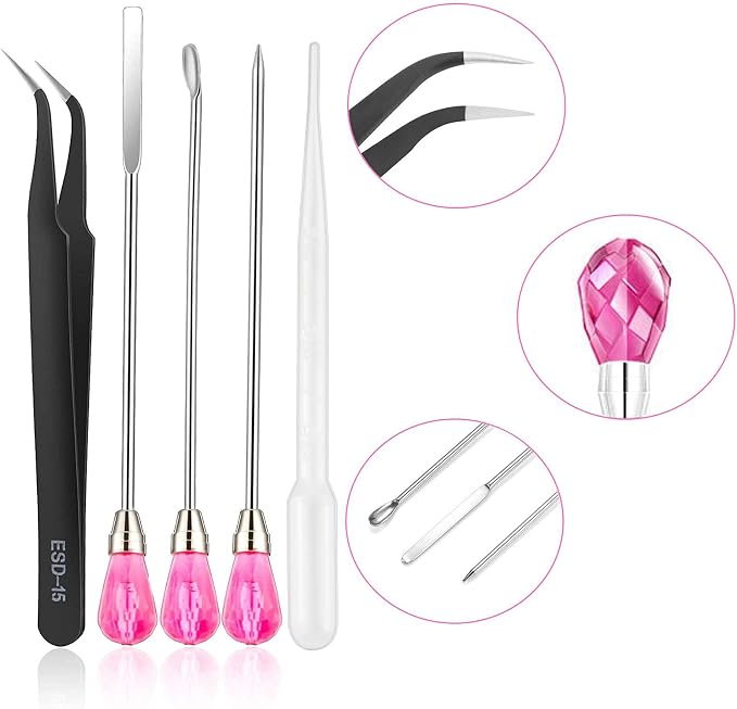 Moocci 11 Pcs Silicone Resin Mold Tools Set, Tweezers Jewelry Making Kit, Stirring Needle Spoon Tool, Anti-Static Stainless Steel ESD Tweezers Precision Set for DIY Epoxy Resin Casting Craft