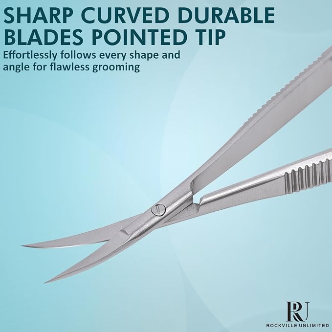 Micro Scissors 5.5" Curved Set of 3 Stainless Steel Embroidery Scissor Extra Sharp Sewing Arts & Craft Applique Stitch Cutting for Grooming Eyebrow Eyelash and Spring Action Squeeze Scissors.