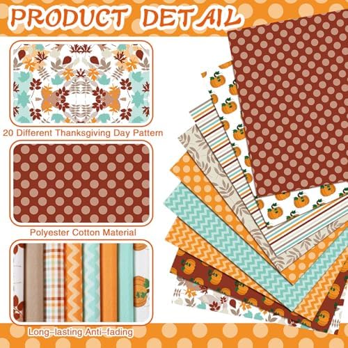 HunnmingRe 20 Pcs 10''x10'' Fall Quilting Fabric Square Autumn Pumpkin Precuts Quilted Fabric Bundle Thanksgiving Maple Polka Dot Stripes Printed Sewing Material for Patchwork DIY Craft Supplies