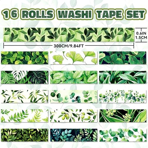 Botanical Green Washi Tape Set- 16 Rolls Leaf Themed Decorative Tape for Journals & Nature Crafts Scrapbooks (0.6" x 10 ft) - Monstera, Bamboo, Olive, Ginkgo, Mint Leaves