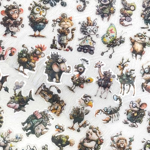 50PCS Steampunk Animal Stickers – Vintage Victorian Mechanical Creatures Waterproof Clear Stickers for Journaling, Scrapbooking, Crafts, Laptops, Art Projects