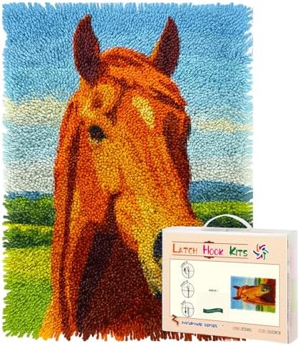 Latch Hook Rug Kit Brown Horse Head Portrait Pre-Printed Handmade Carpet Crochet Yarn Craft DIY Hook and Latch Door Mat Tapestry for Home Floor Decoration 52x38cm-4