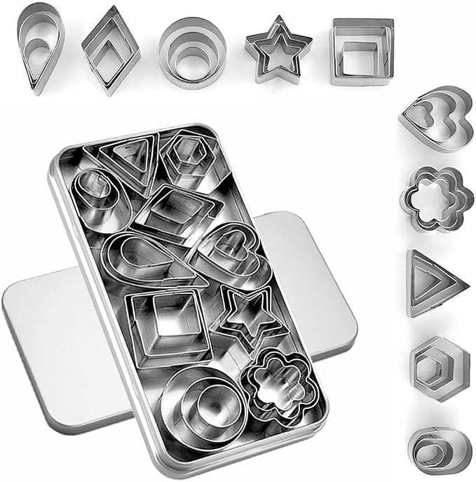 YomiFamily 30Pcs Mini Cookie Cutter Set with Box, 3 Sizes Per Shape | Stainless Steel, Tiny Polymer Clay Cutters, Small Geometric Biscuit Mold Set, Safe for Kids