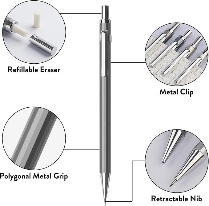 Mechanical Pencil Set, 0.7mm 4-Pack with Case, Metal Body, Medium Point