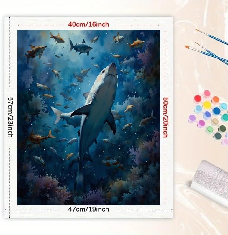 ENTORLAB Underwater Adventure Paint by Numbers Kit for Adults - DIY Shark and Fish in Ocean Scene Painting on Canvas 16x20In, Acrylic Paint Set, Suitable for Beginners, Art for Home Decoration/Gifts