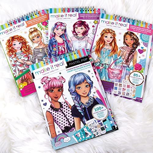 Make It Real Fashion Design Sketchbook for Girls - Pastel Pop Kit with 105 Stickers, Stencils, Design Guide - Pastel & Rainbow-Themed Fashion, Creative Gift Kids Ages 6+, Develops Real-World Skills