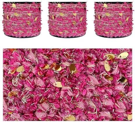 Artisanal Yarn Collection Multifiber Fancy Yarn with Gold Sequins for Knitting Crocheting Crafts DIY, Set of 3 Rolls (Rose Pink & Gold)