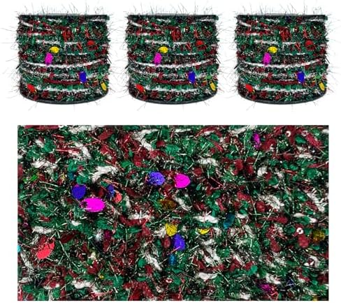 Artisanal Yarn Collection Multifiber Fancy Yarn with Colorful Sequins for Knitting Crocheting Crafts DIY, Set of 3 Rolls (Christmas Green)