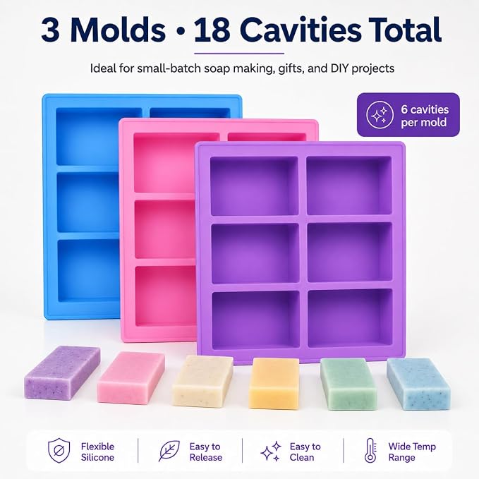 3 Pack Rectangle Silicone Soap Molds, 18 Cavities Total, 6 Cavity Soap Making Mold for Melt and Pour Soap, Homemade Soap Bars, Pudding, Jelly, Brownies, Chocolate, Easy Release Silicone Baking Mold